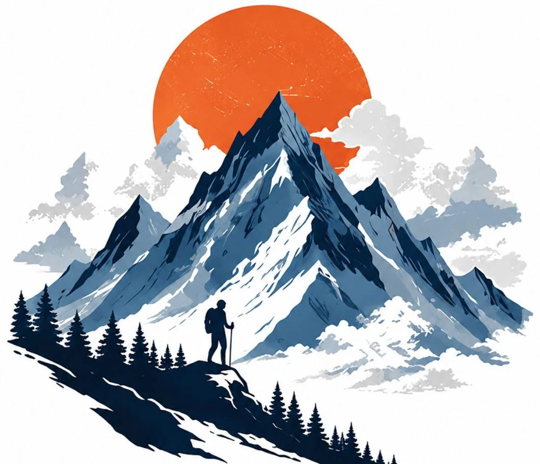 Illustration of a Himalayan peak at sunset with a lone traveller, The Coverpage Boutique Stays