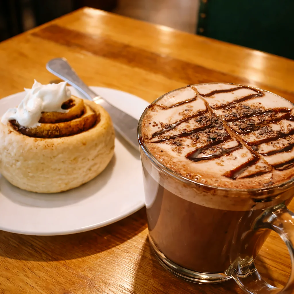 Hot chocolate and a cinnamon roll at Mudcup Café, Mussoorie